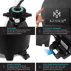 KESSER® Système De Filtre à Sable + 700 G De Billes Filtrantes Remplacent 25 Kg Filtre à Sable Vanne 7 Voies Avec Indicateur De Pression Filtre De Piscine 10 M³/h Système De Filtre Cuve De Filtre Pour Piscine Piscine 10200L/h, Le Noir -Pompe et filtre de piscine Soldes 54289506 5