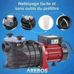 AREBOS Pompe De Filtration Pour Piscine 11.000l/h | Filtre à Sable | 600W | Fonctionnement Silencieux | Sans Entretien - Noir / Rouge -Pompe et filtre de piscine Soldes 56096355 4